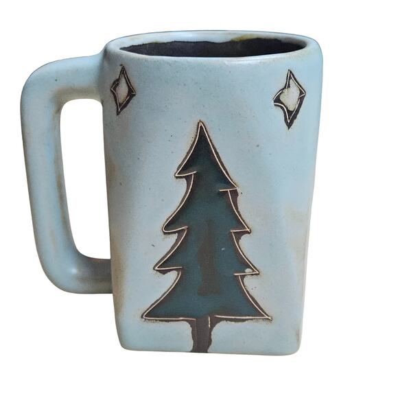 RARE Hand Made Mara Mexico Art Pottery Mug Pine Trees Stars Square Christmas - Picture 3 of 7